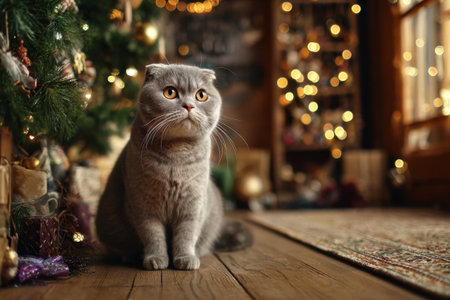 Charming cat on the floor near the Christmas tree, the concept of the new year at homeの素材