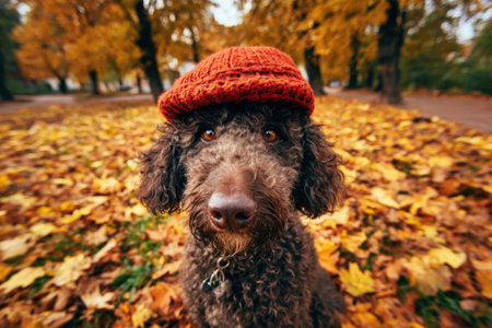 Curly brown poodle dog walks in the autumn parkの素材