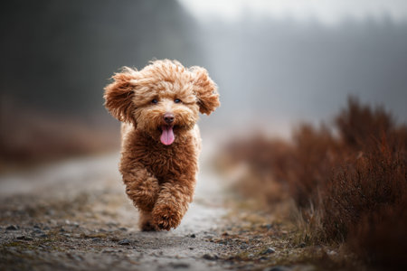 A curly-haired brown poodle dog runs along an empty road with dry grassの素材