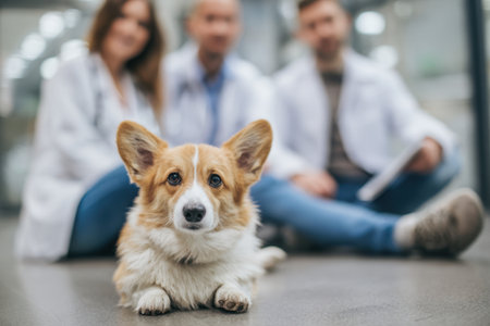 A corgi dog sits on the floor in a medical office against the background of a team of veterinarians in white coatsの素材