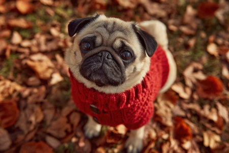 A cute pug dog walks in the autumn parkの素材