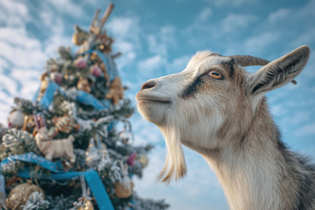 A goat as a symbol of the year 2027 looks at a decorated Christmas tree on a street with a blue skyの素材
