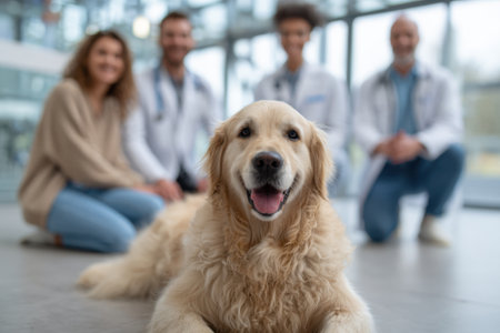 A dog sits on the floor in a medical office against the background of a team of veterinarians in white coatsの素材