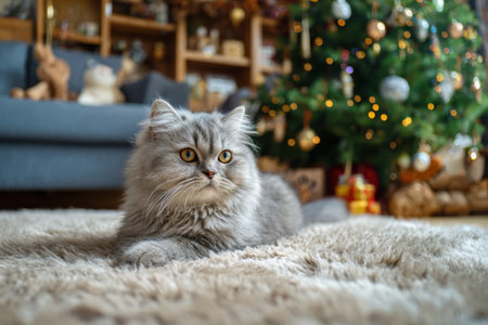 Charming cat on the floor near the Christmas tree, the concept of the new year at homeの素材