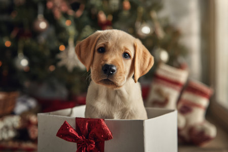 A Labrador puppy under the Christmas tree in a gift with a red bowの素材