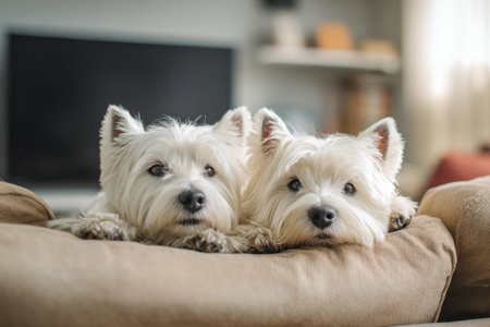 Two West Highland White Terrier dogs are lying on the couch at homeの素材