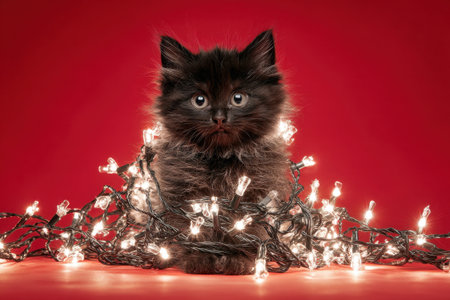 Cute black kitten in Christmas decorationsの素材