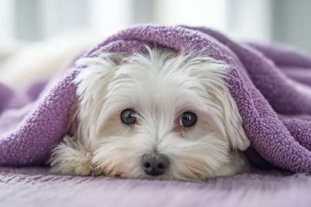 Maltese lapdog, covered with a blanket, lies on the bed and looks at the cameraの素材