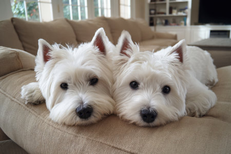Two West Highland White Terrier dogs are lying on the couch at homeの素材