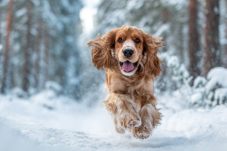 A Cocker spaniel dog runs along a snowy path in the forestの素材