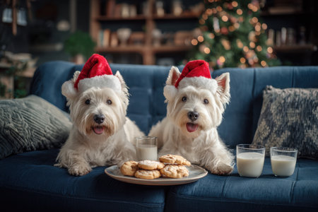 Two West Highland White Terrier dogs in Christmas red Santa hats are lying on the couch at homeの素材