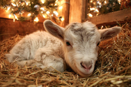 A little goat as a symbol of the year 2027 lies on a hay decorated for Christmasの素材