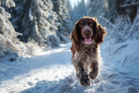 A Cocker spaniel dog runs along a snowy path in the forestの素材