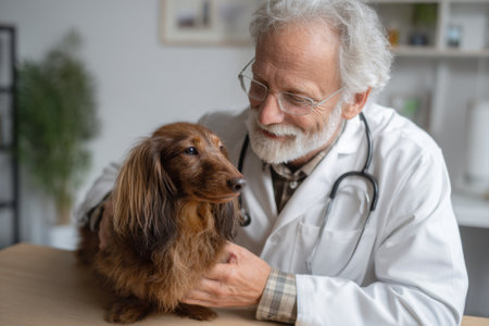 An elderly male veterinarian examines a dachshund dogの素材