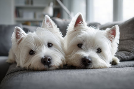 Two West Highland White Terrier dogs are lying on the couch at homeの素材