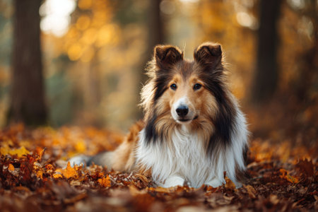 A collie dog walks in the autumn parkの素材