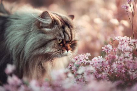 A cat walks through a blooming spring garden and sniffs flowersの素材