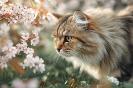 A cat walks through a blooming spring garden and sniffs flowersの素材