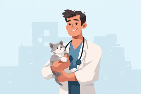Vector illustration of a veterinarian in a white coat holding a catの素材