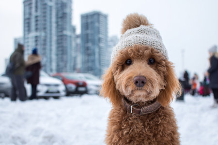 A curly-haired brown poodle dog sits on a snowy road in a city with high-rise buildingsの素材