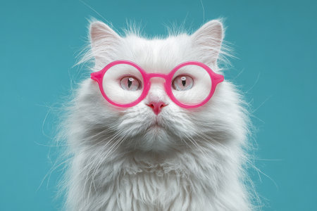 Funny white cat with pink glasses on a blue backgroundの素材