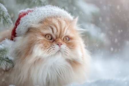 A fluffy Persian cat in a red Santa hat walks through snowdrifts in winter next to the Christmas tree, the concept of the new yearの素材