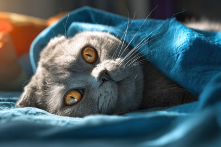 A British cat with yellow eyes is covered with a blue blanket on the bed at homeの素材