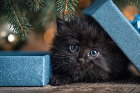 Cute black kitten in Christmas decorationsの素材