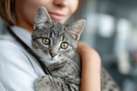 A female veterinarian doctor will possess a striped kittenの素材