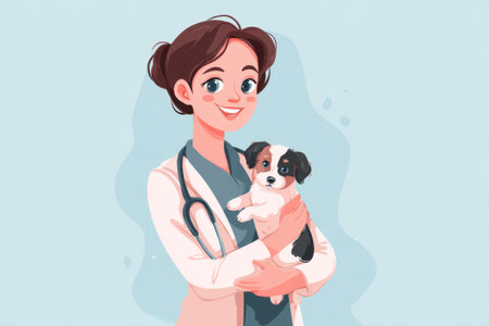 Vector illustration of a veterinarian in a white coat holding a puppy dogの素材