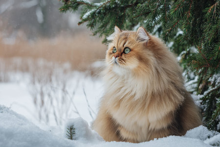 Fluffy Persian walks through the snow in winterの素材