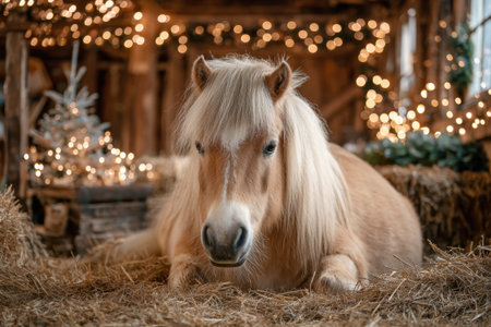 A foal lies in the hay in a stable decorated for Christmas, the symbol of the year 2026の素材