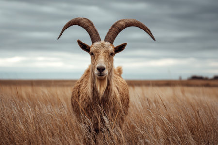 An adult mountain goat with large horns stands in a steppe with dry grass and a beautiful landscapeの素材