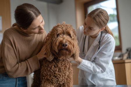A female veterinarian examines a curly brown poodleの素材