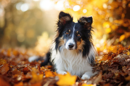 A collie dog walks in the autumn parkの素材