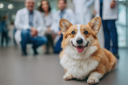 A corgi dog sits on the floor in a medical office against the background of a team of veterinarians in white coatsの素材