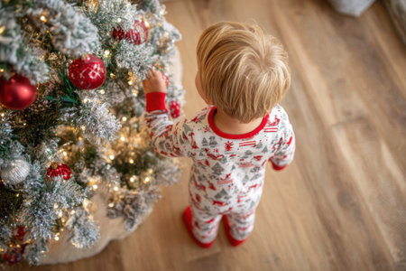 Cute Little child 3 years old in pajamas stands in front of a decorated Christmas tree at homeの素材