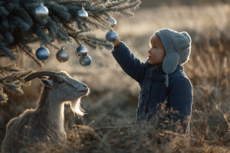 Little child and goat decorate the Christmas tree outdoor in winter, goat as a symbol of the year 2027の素材