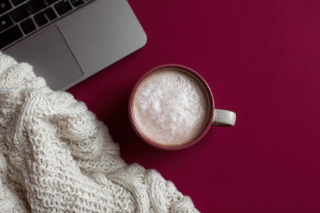 Festive flat lay with Christmas decorations and laptopの素材