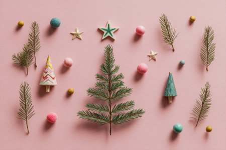 Festive flat lay with Christmas decorations and a Christmas tree on a pink backgroundの素材