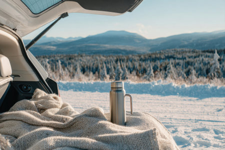 A car with an open trunk containing a thermos and a blanket in the winter mountainsの素材
