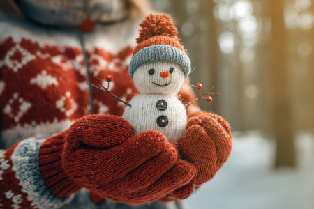 Mittened hands hold a snowman with sticks with their hands in winterの素材