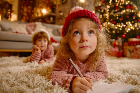 Cute Caucasian child writes a letter to Santa Claus in a festively decorated house before Christmasの素材