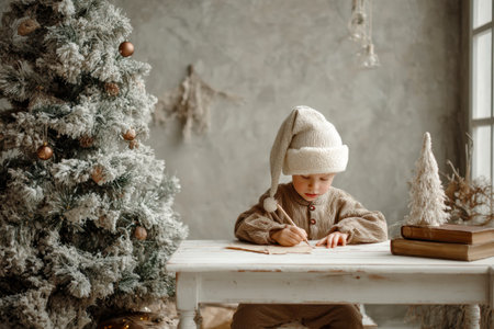 Cute Caucasian child writes a letter to Santa Claus in a festively decorated house before Christmasの素材