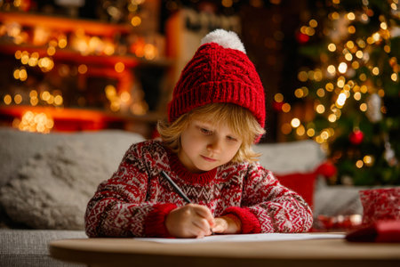 Cute Caucasian child writes a letter to Santa Claus in a festively decorated house before Christmasの素材