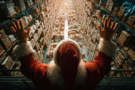 Back view of Santa Claus with his hands up on the top floor of a warehouse with gifts for Christmas and New Yearの素材