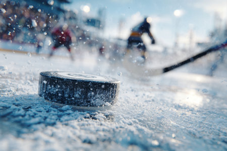 A hockey player drives a puck on ice in the courtyard on a sunny winter dayの素材