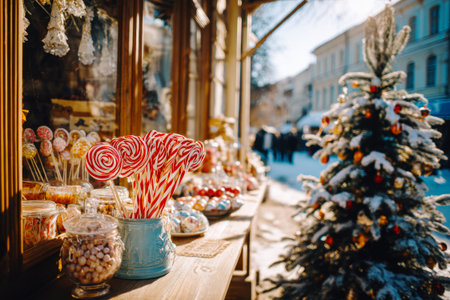 Christmas market with pastries and lollipops outdoors in winterの素材
