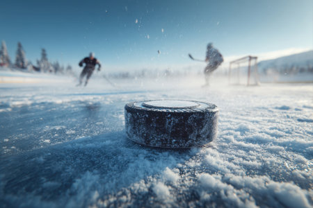 A hockey player drives a puck on ice in the courtyard on a sunny winter dayの素材