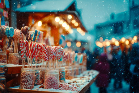 Christmas market with pastries and lollipops outdoors in winterの素材